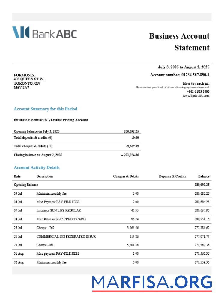 Realistic Jordan ABC business account statement Word and PDF template